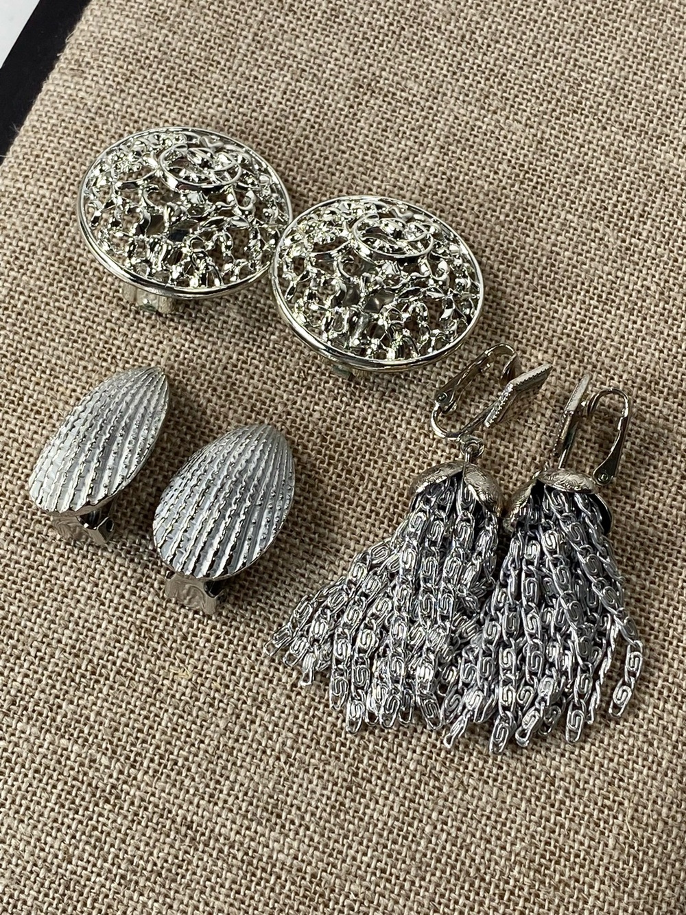 3pc Sarah Coventry Silver-Tone Tassel Dangle, Shell & Lace Clip-On Earring Set